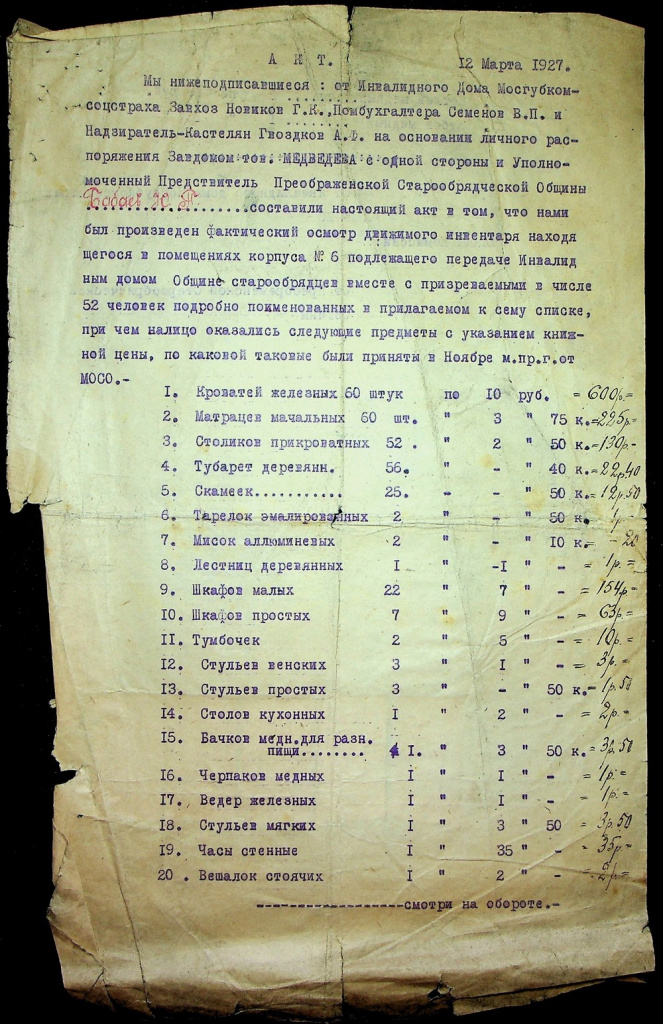 Акт движимого инвентаря в корпусе № 6. 12 марта 1927 года. Архив Московской Преображенской старообрядческой общины