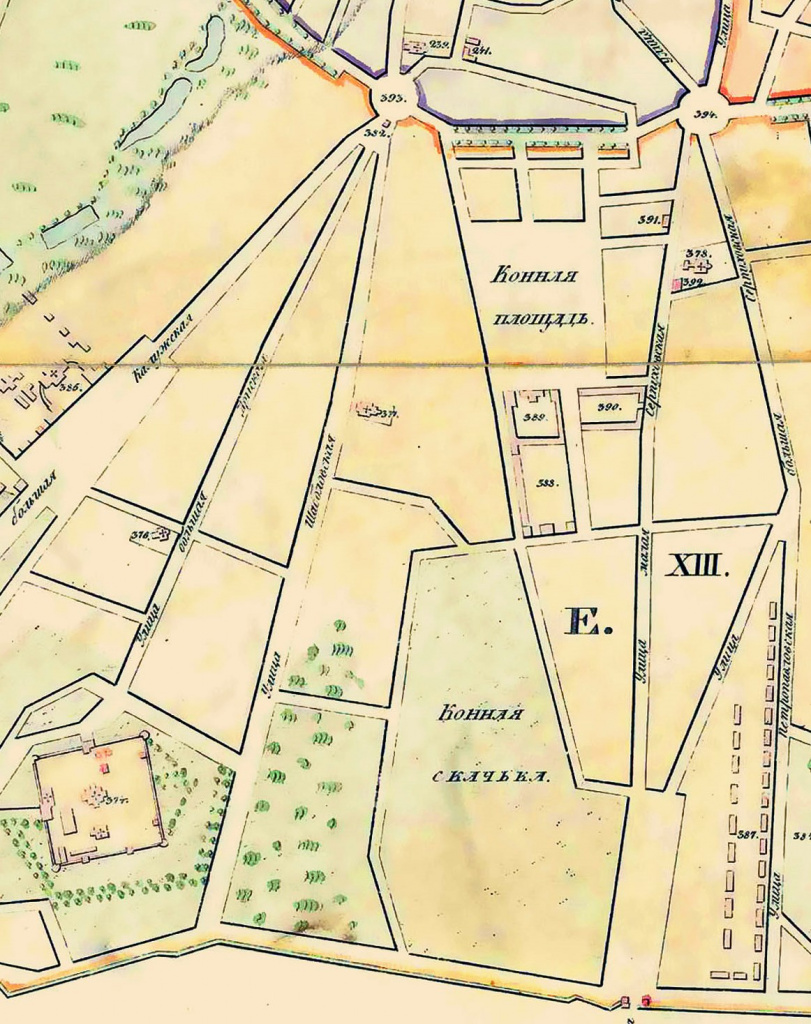 Конная площадь и окрестности. Фрагмент плана Москвы 1818 г.